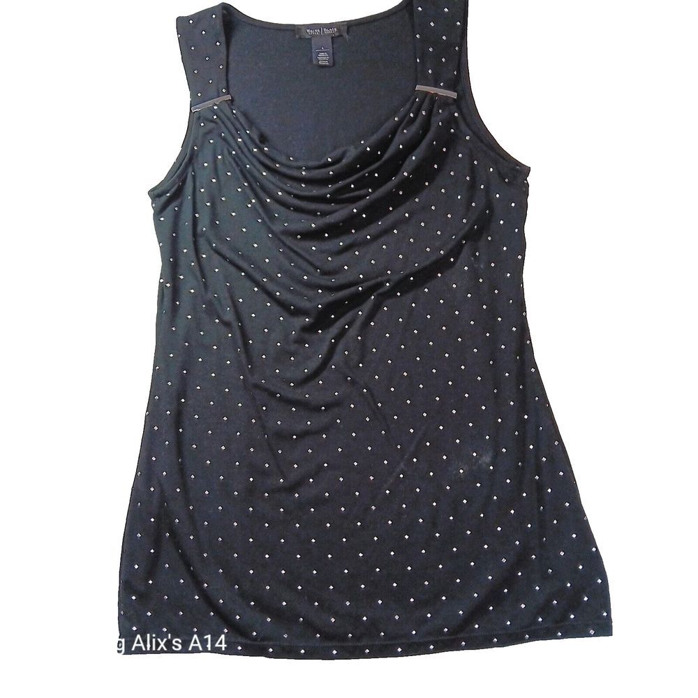 White /Black House Market  Sleeveless  Black Blouse Dewdrops‎ Draped Size Small